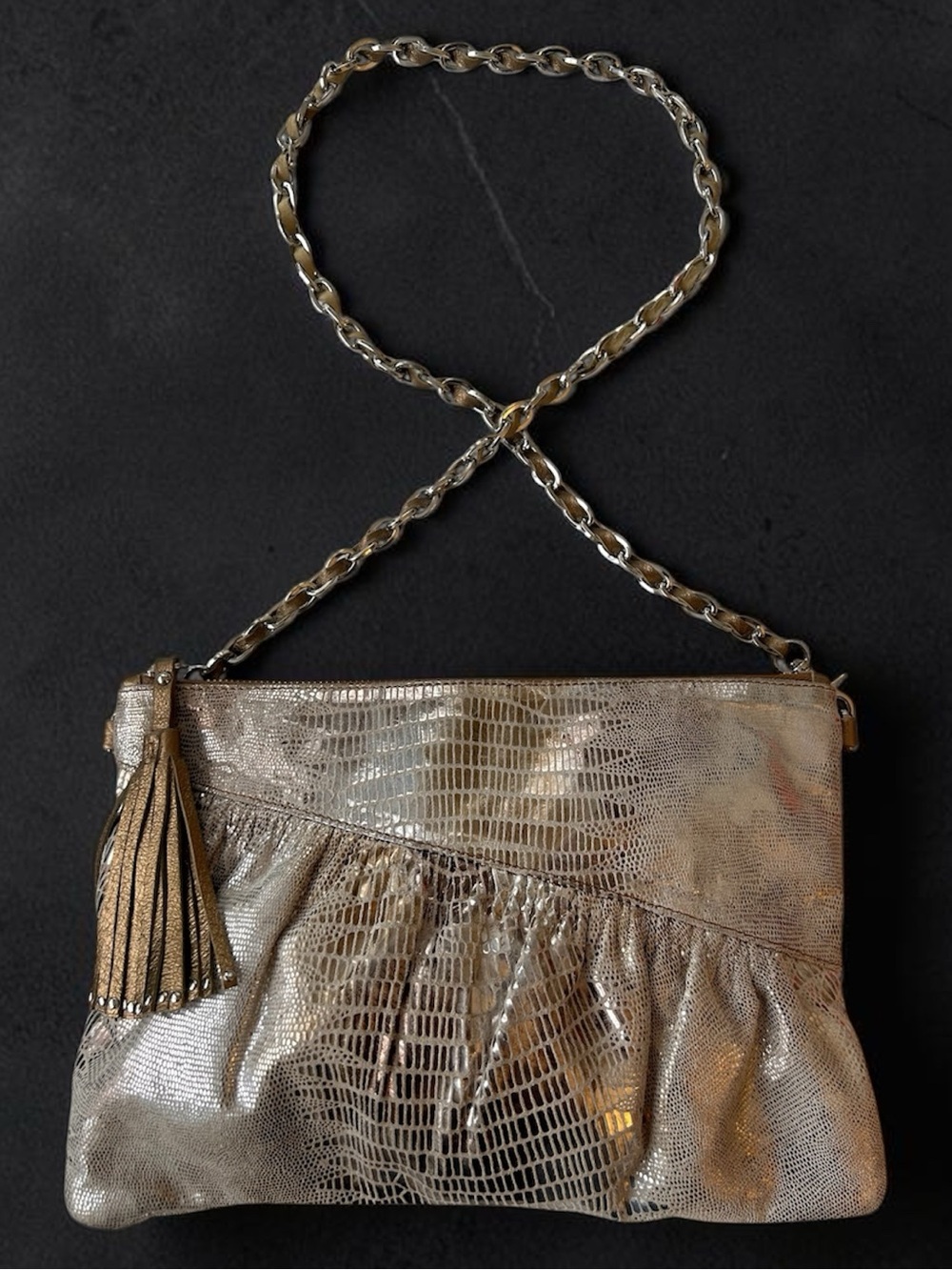 Y2K Retro Metallic Gold Finish Leather Crossbody Bag with Chain Strap and Tassel